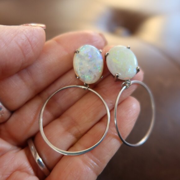 GIANT Opal & 925 sterling silver front facing hoops earrings white/blue sparkles - Picture 2 of 15